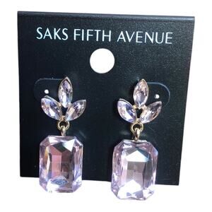 Saks Fifth Avenue NWT Leaf Crystal Rectangle Soft Petal Pink Dangle Earrings